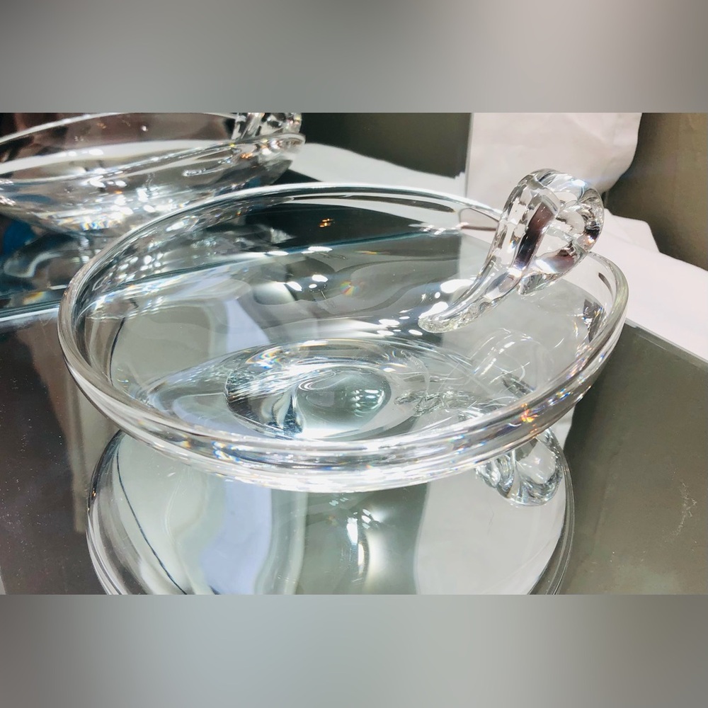 Steuben Art Glass 9” Scroll Bowl #7876 Snail Handle Crystal Shallow Dish MCM